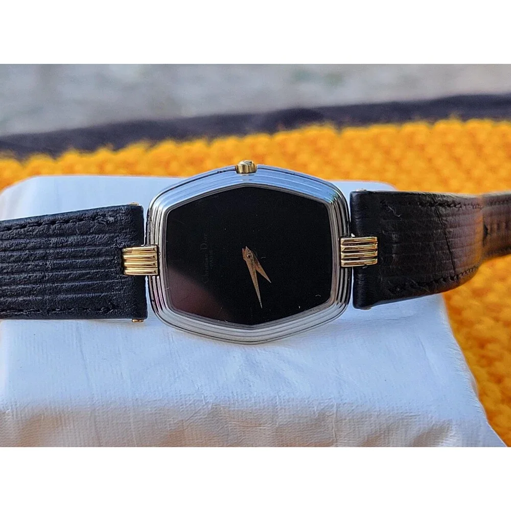 Vintage Christian Dior Quartz Watch Tonneau Hexagon Two Tone Black Dial Leather